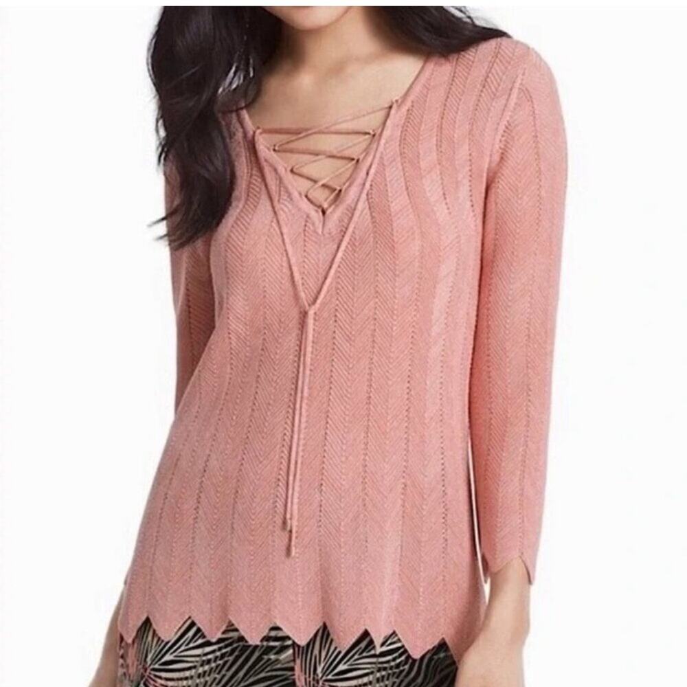 White House Black Market | Pointelle Lace-up Sweater Scalloped Shimmery Pink XS